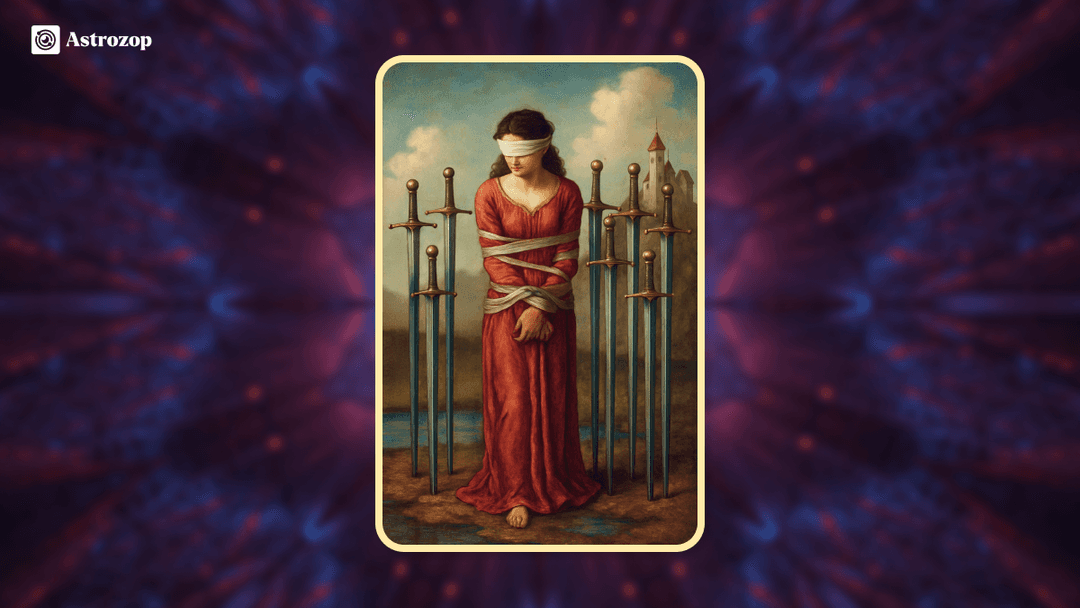 Eight of Swords tarot card showing a blindfolded and bound figure surrounded by swords