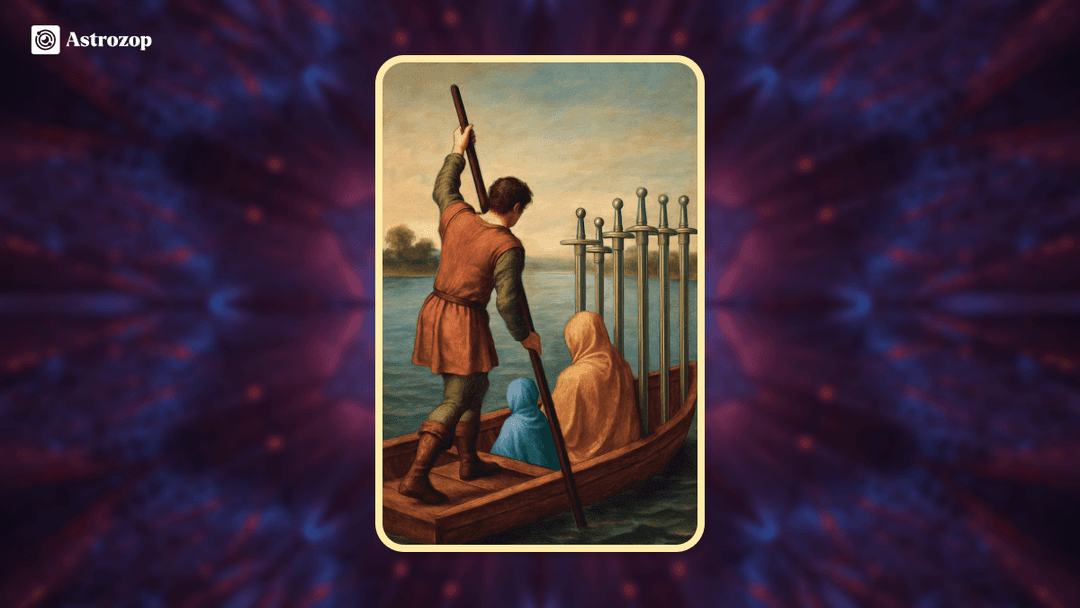 Six of Swords tarot card showing a figure rowing a boat across calm waters with passengers