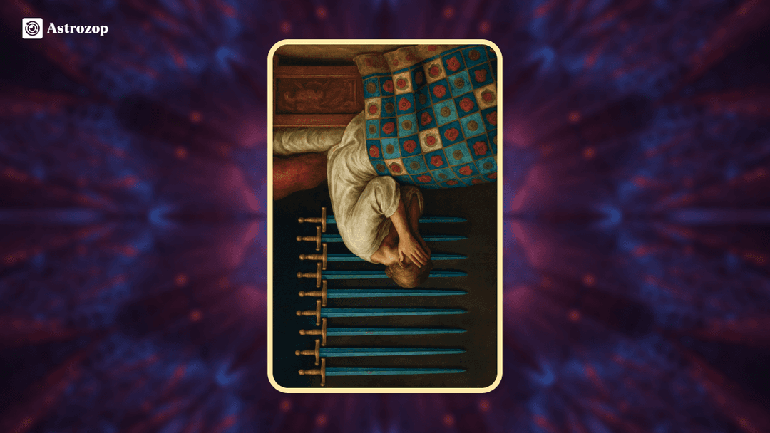 Reversed Nine of Swords tarot card showing a figure still in bed, but tension easing