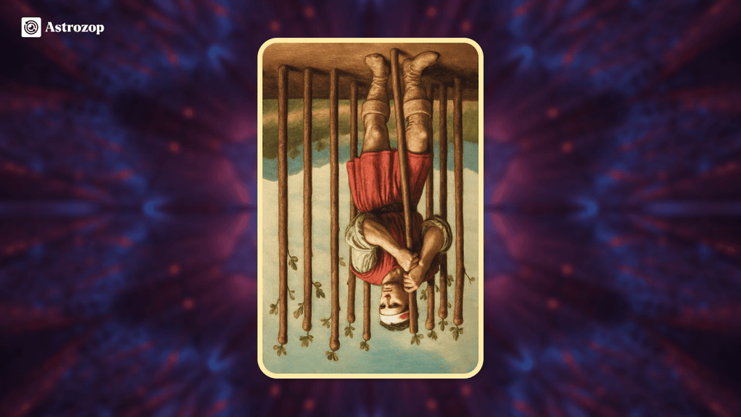 Reversed Nine of Wands tarot card showing a guarded figure appearing overwhelmed